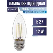 Лампа светодиодная General свеча E27 12W 6500K 6K 35x98 филамент (нитевидная), прозр. GLDEN-CS-12-23