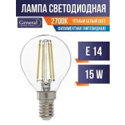 Лампа  светодиодная  General шар  E14 15W 2700K 35x98  P45  прозр.